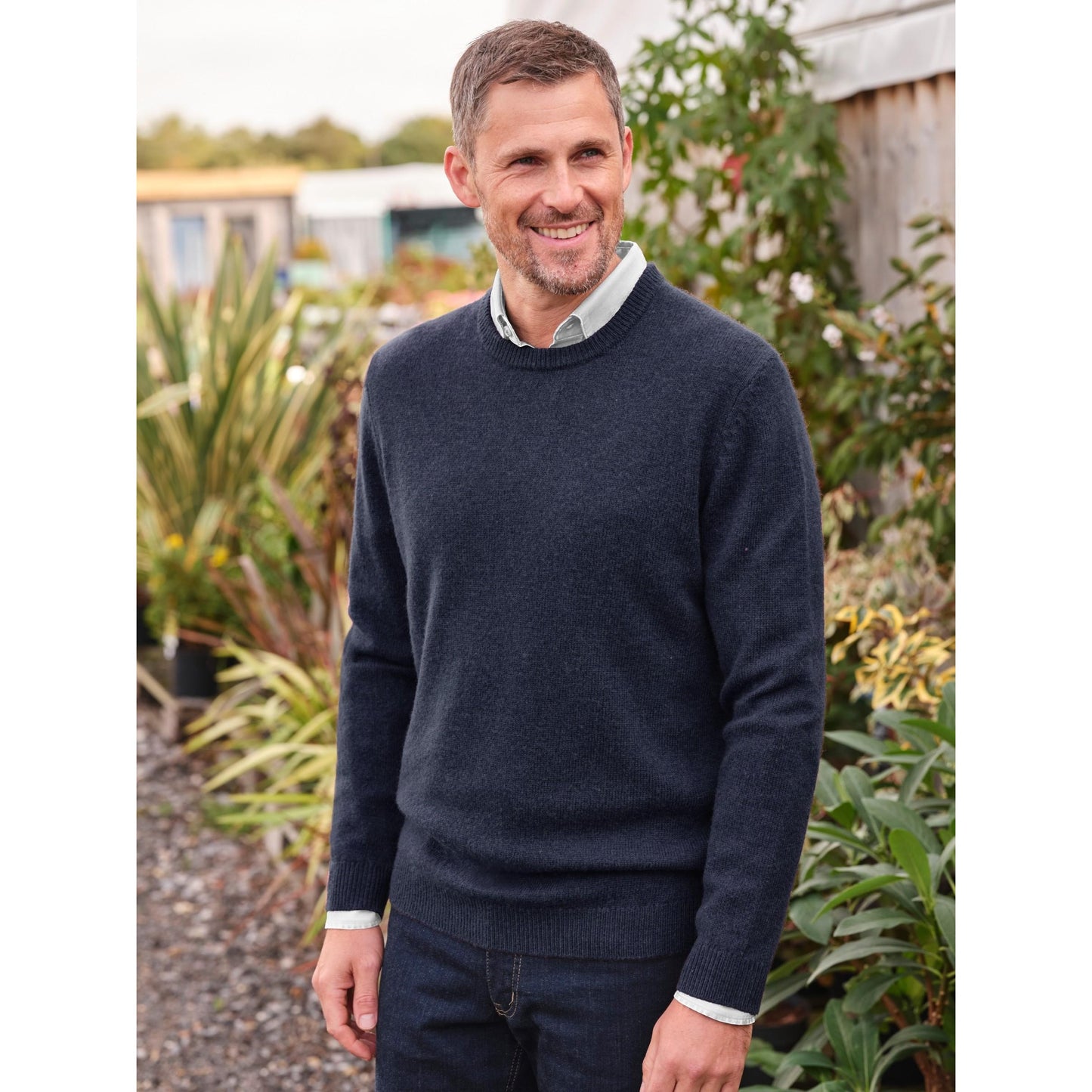 Navy - Front - WoolOvers Mens Lambswool Crew Neck Jumper