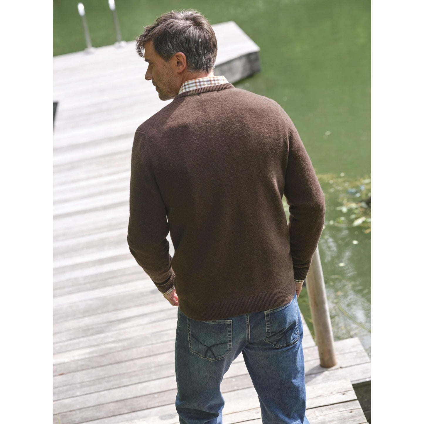Brown - Back - WoolOvers Mens Lambswool Crew Neck Jumper