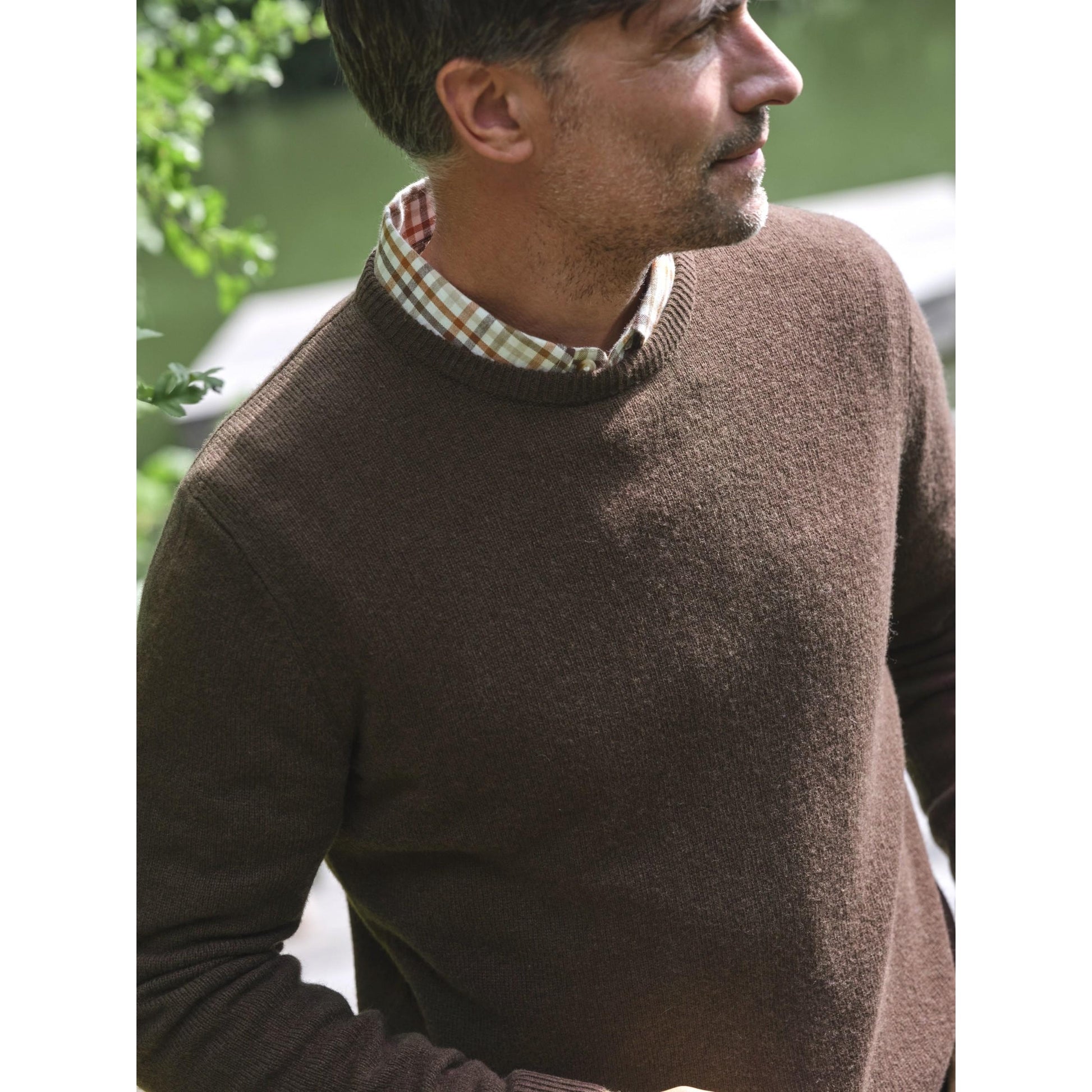 Brown - Side - WoolOvers Mens Lambswool Crew Neck Jumper