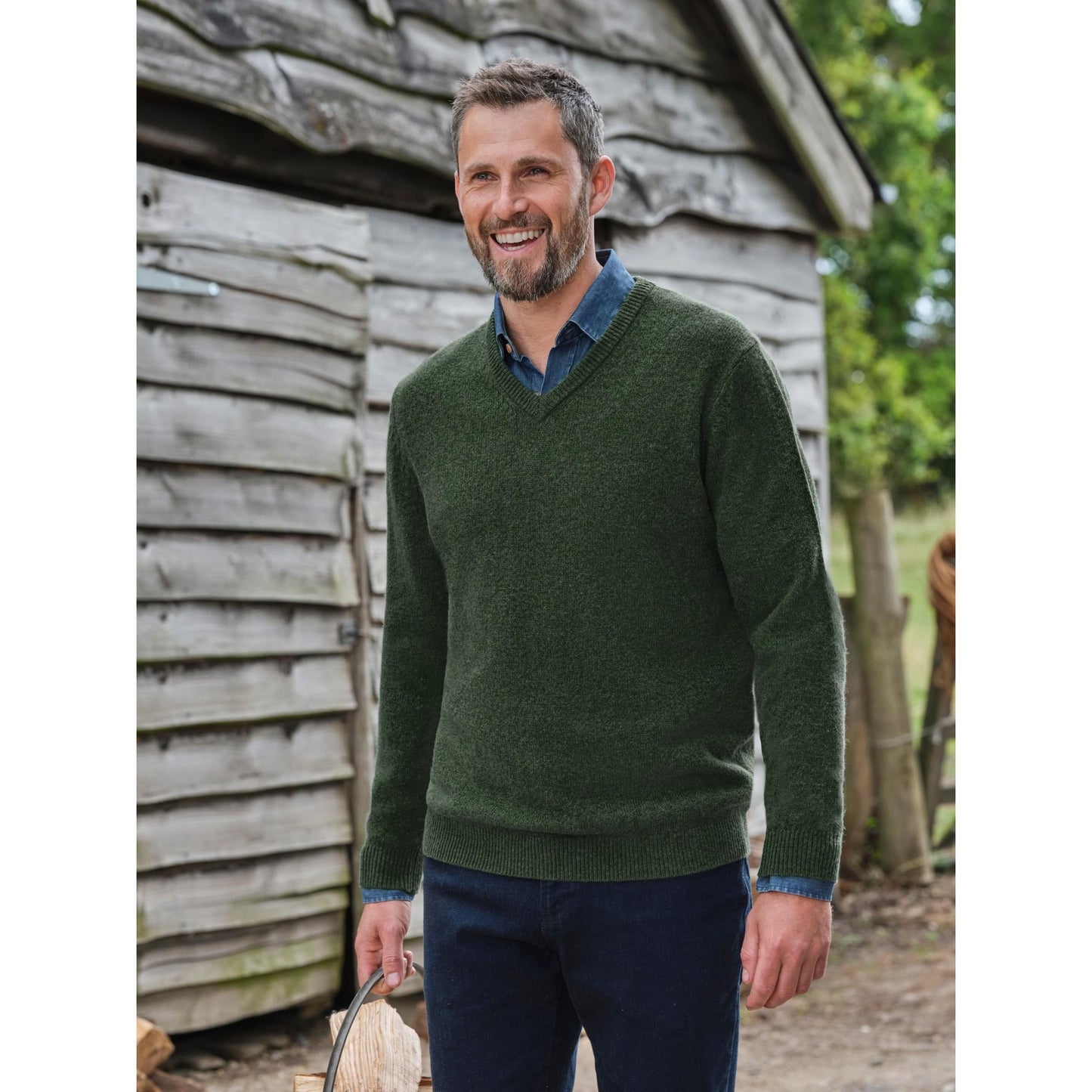 Pine - Front - WoolOvers Mens Lambswool V Neck Jumper