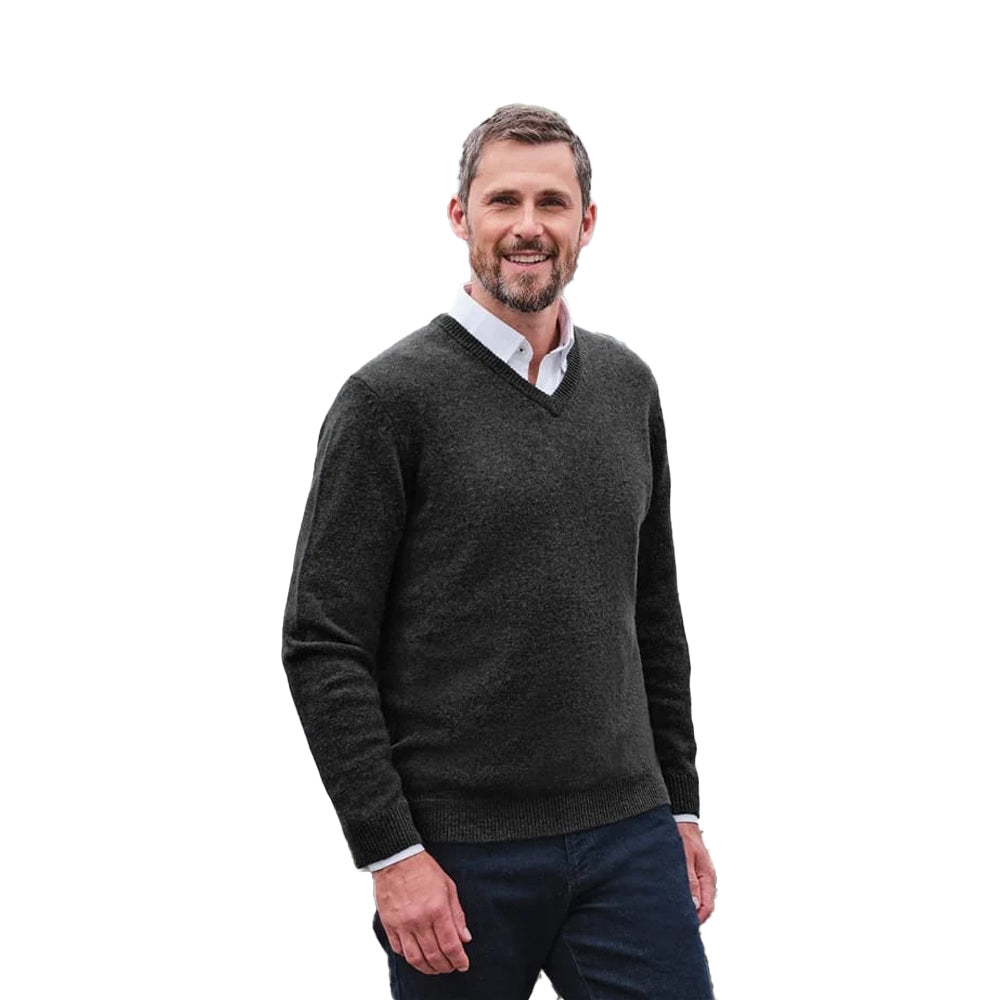 Charcoal - Front - WoolOvers Mens Lambswool V Neck Jumper