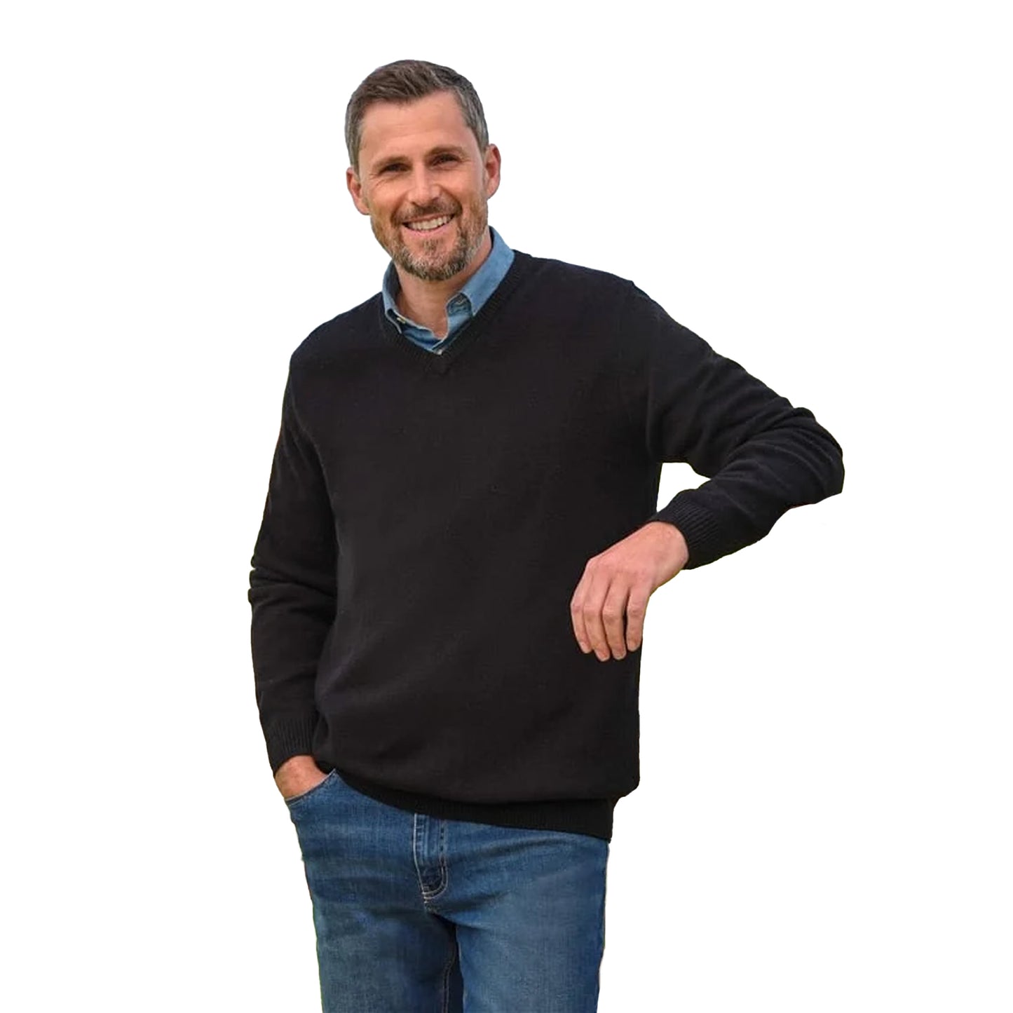 Black - Front - WoolOvers Mens Lambswool V Neck Jumper