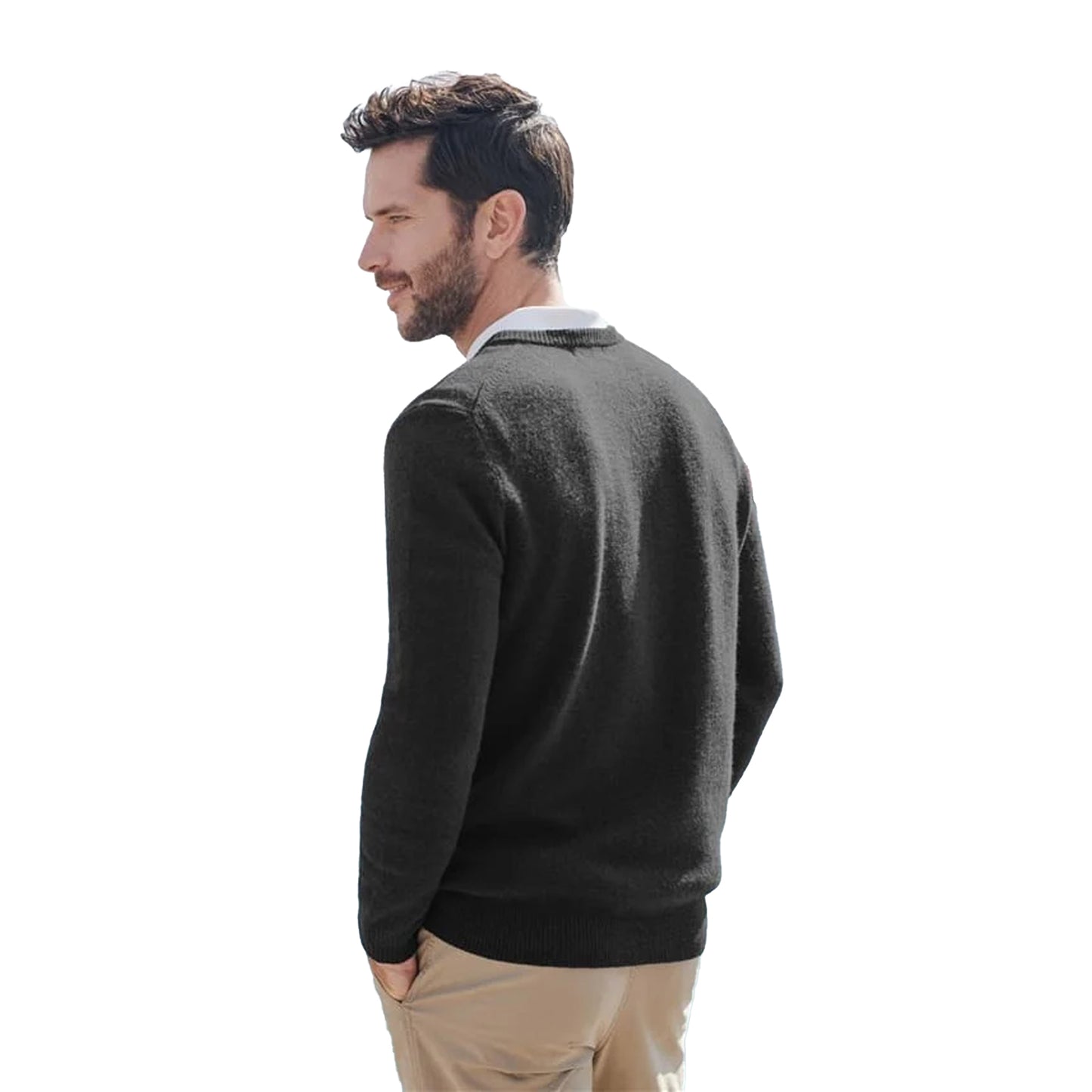 Black - Back - WoolOvers Mens Lambswool V Neck Jumper