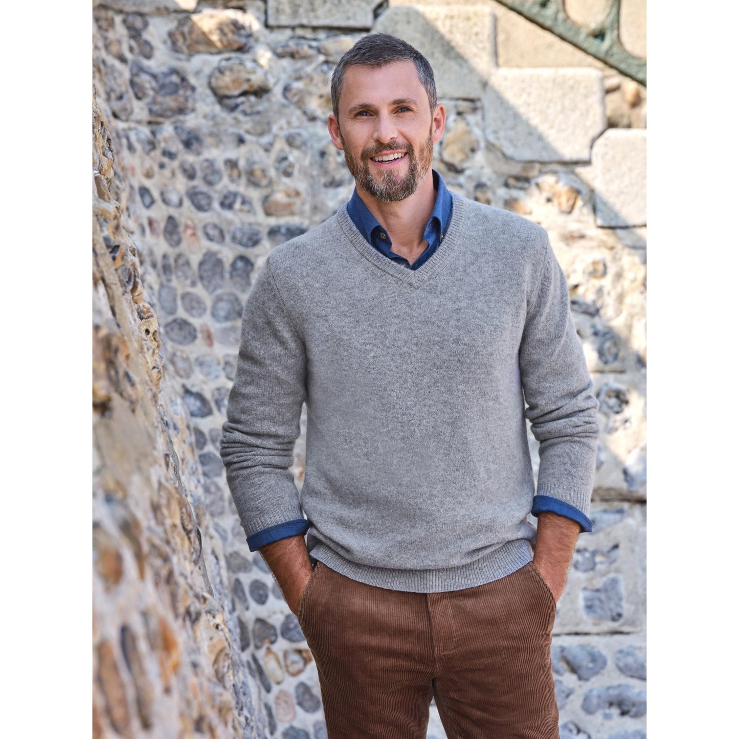 Grey Marl - Front - WoolOvers Mens Lambswool V Neck Jumper