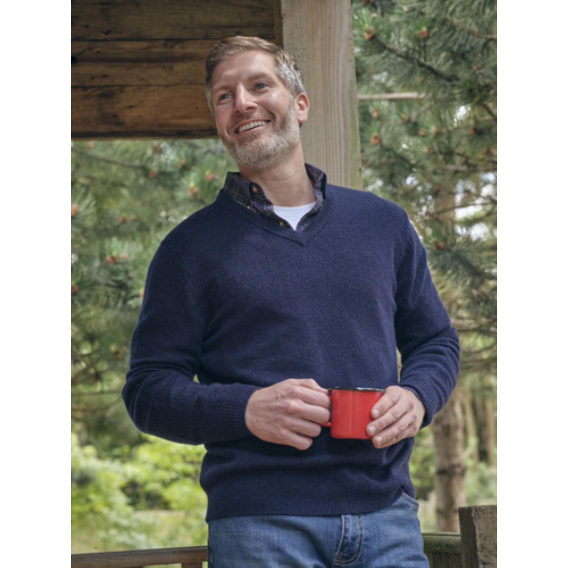 Navy - Front - WoolOvers Mens Lambswool V Neck Jumper