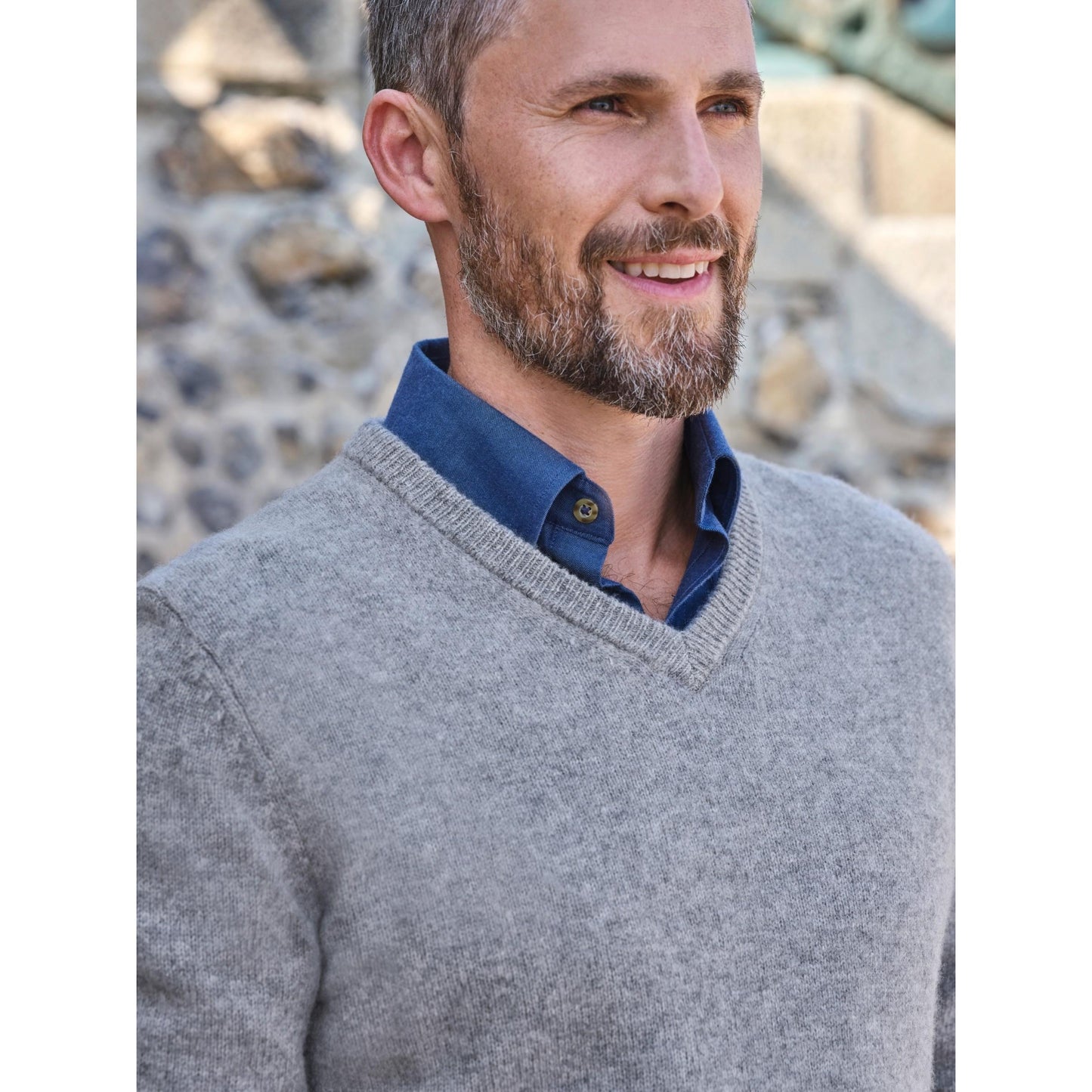 Grey Marl - Side - WoolOvers Mens Lambswool V Neck Jumper