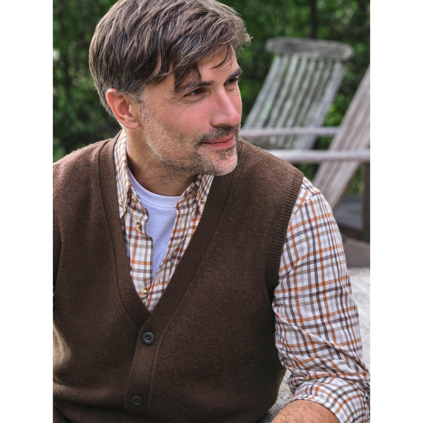 Brown - Back - WoolOvers Mens Lambswool Waistcoat