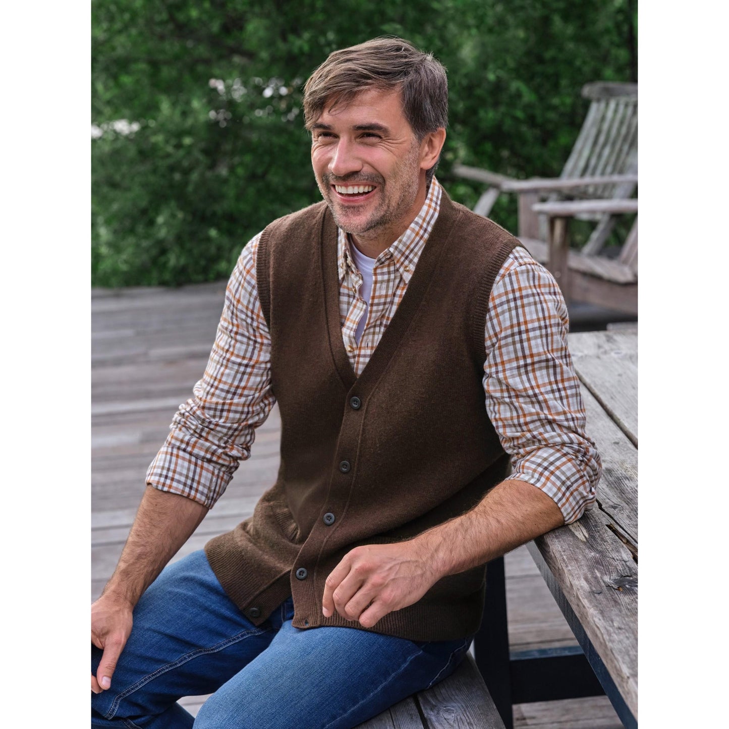 Brown - Side - WoolOvers Mens Lambswool Waistcoat