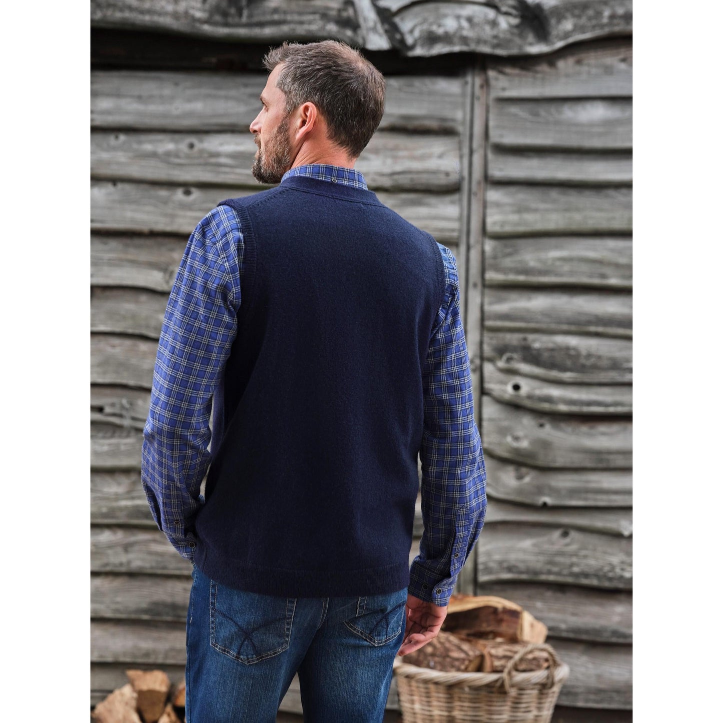 Navy - Back - WoolOvers Mens Lambswool Waistcoat