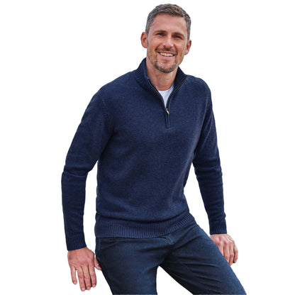 Navy - Front - WoolOvers Mens Lambswool Zip Neck Jumper