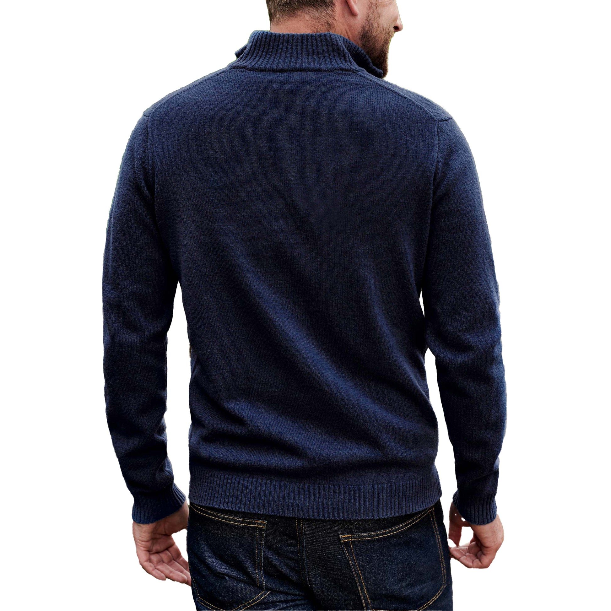 Navy - Back - WoolOvers Mens Lambswool Zip Neck Jumper