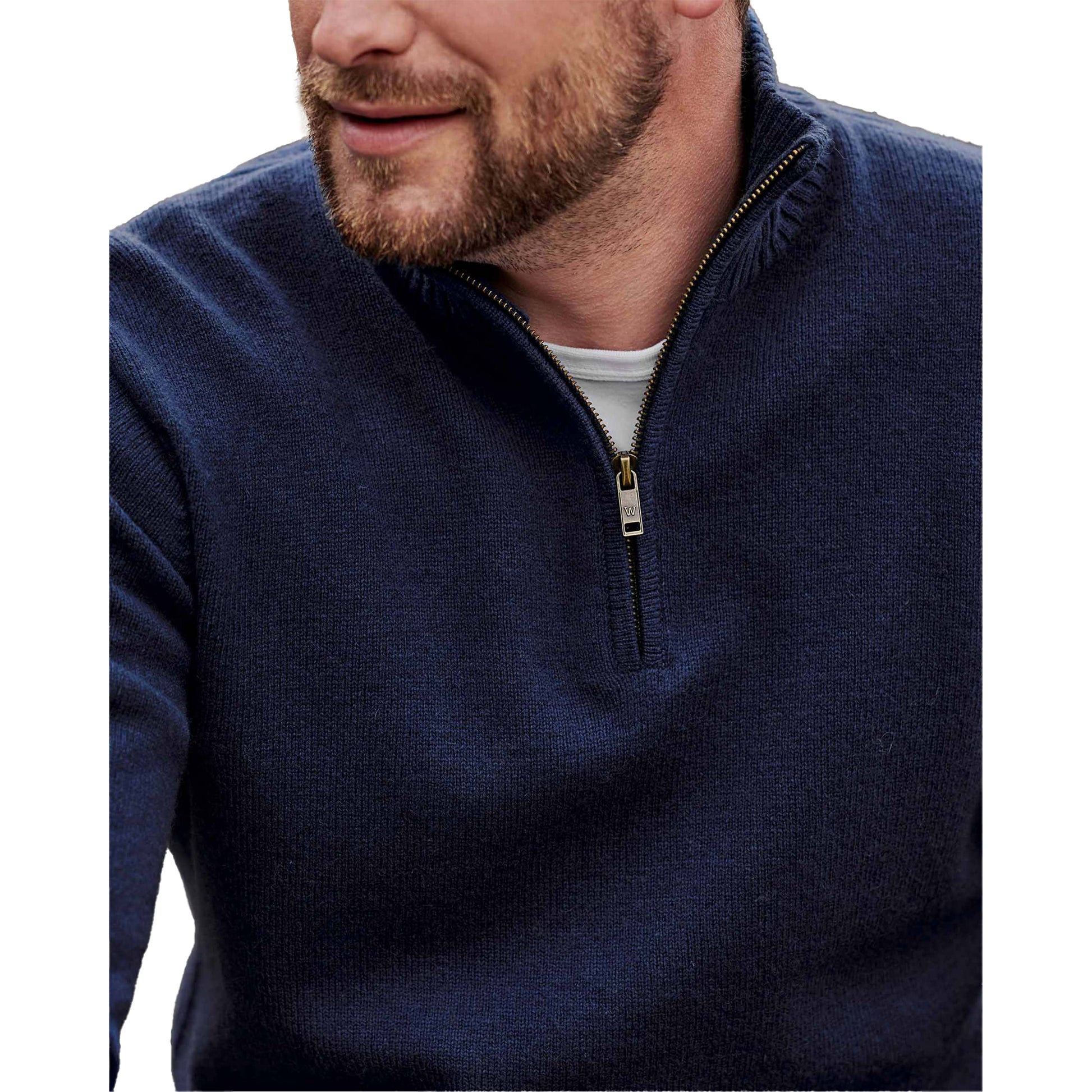 Navy - Side - WoolOvers Mens Lambswool Zip Neck Jumper