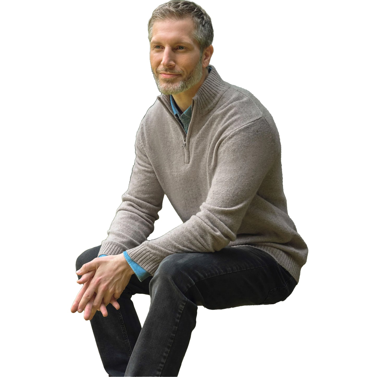 Oat Marl - Front - WoolOvers Mens Lambswool Zip Neck Jumper