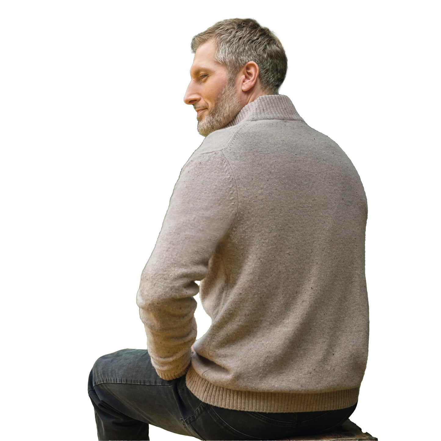 Oat Marl - Back - WoolOvers Mens Lambswool Zip Neck Jumper