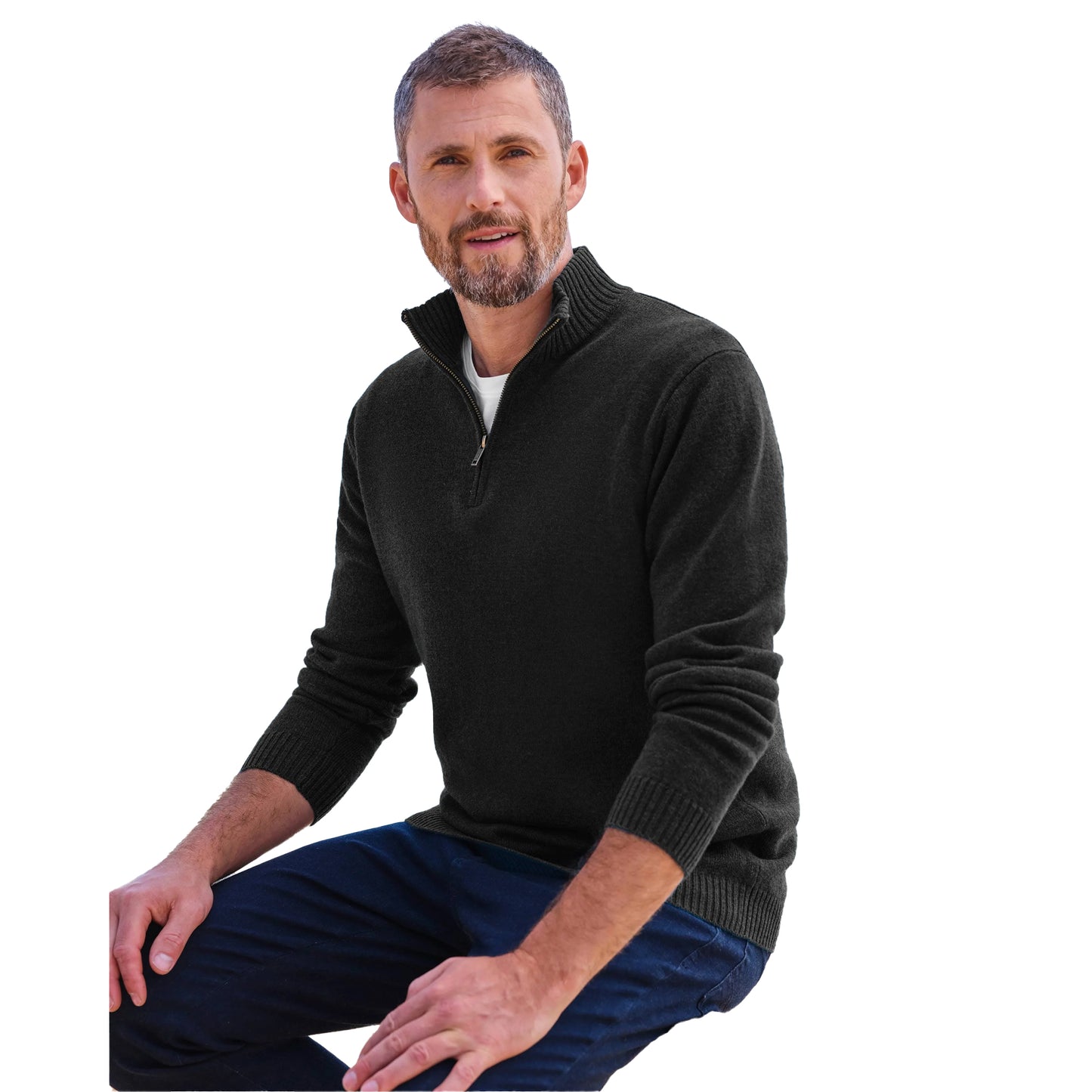 Black - Front - WoolOvers Mens Lambswool Zip Neck Jumper