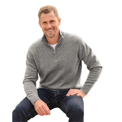 Grey Marl - Front - WoolOvers Mens Lambswool Zip Neck Jumper