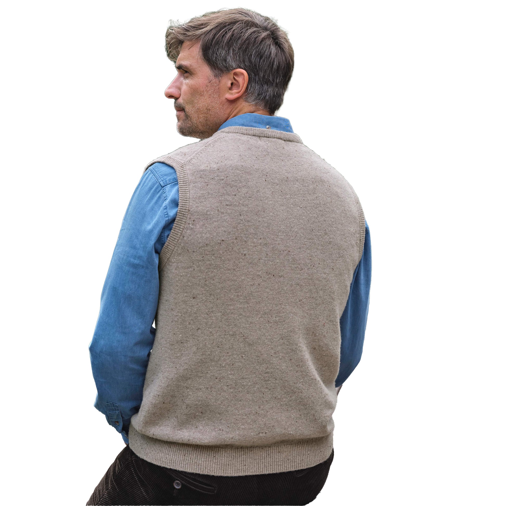 Oat Marl - Back - WoolOvers Mens V Neck Sleeveless Pullover