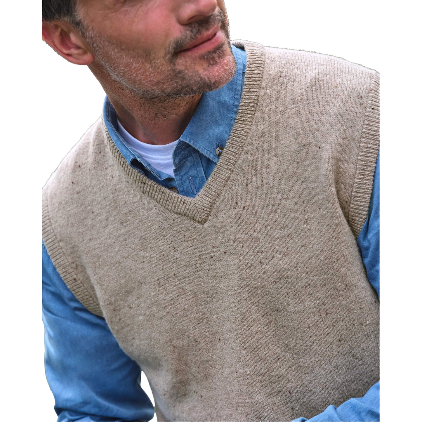 Oat Marl - Side - WoolOvers Mens V Neck Sleeveless Pullover
