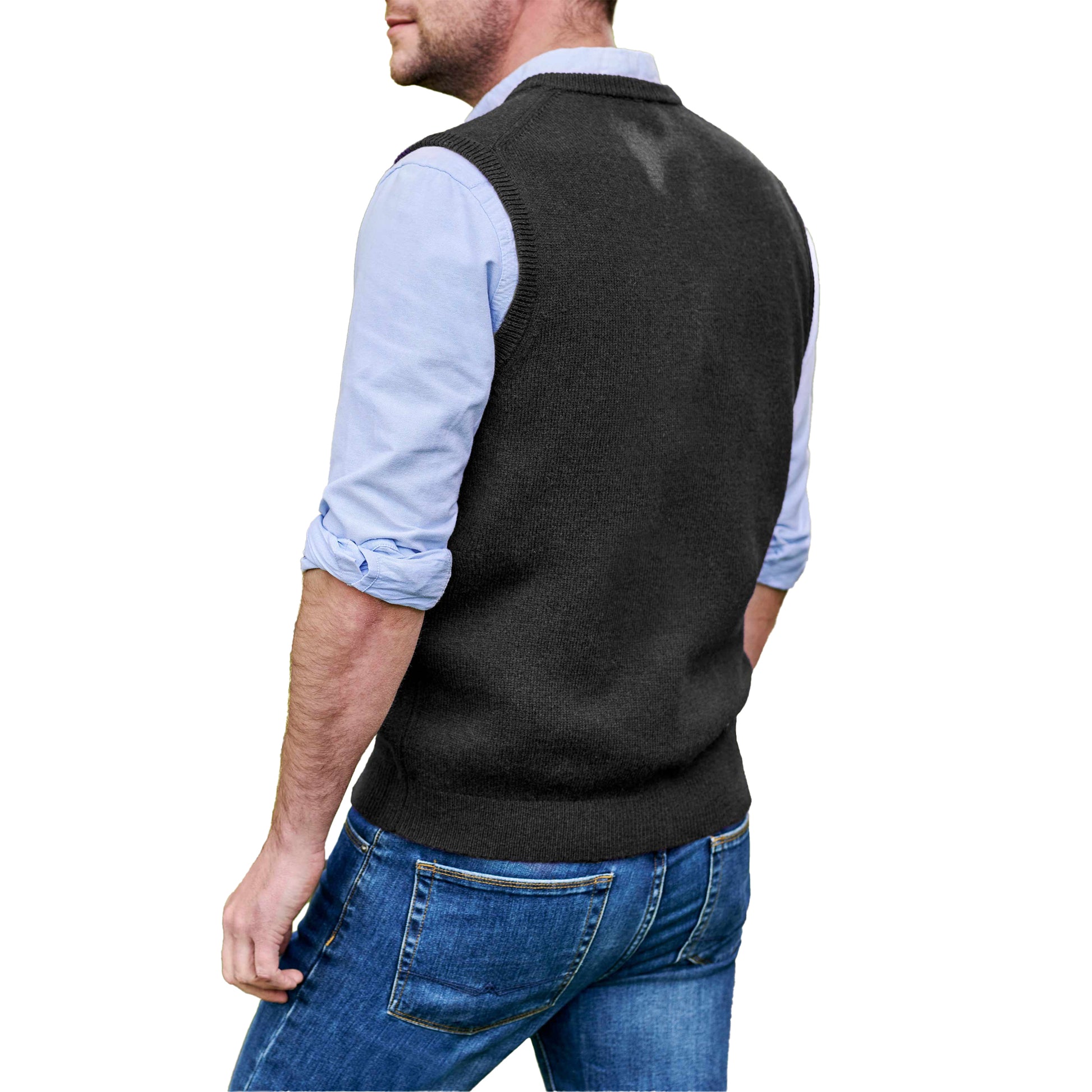 Black - Back - WoolOvers Mens V Neck Sleeveless Pullover