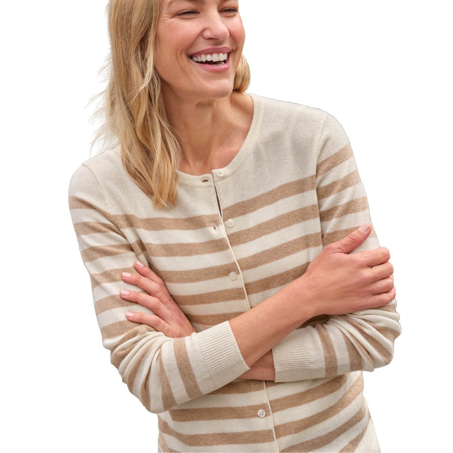 Cream-Camel - Side - WoolOvers Womens-Ladies Striped Cashmere Merino Cardigan