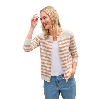 Cream-Camel - Front - WoolOvers Womens-Ladies Striped Cashmere Merino Cardigan
