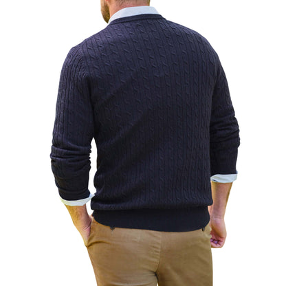 Navy - Back - WoolOvers Mens Cable Knit Cashmere Merino Crew Neck Jumper