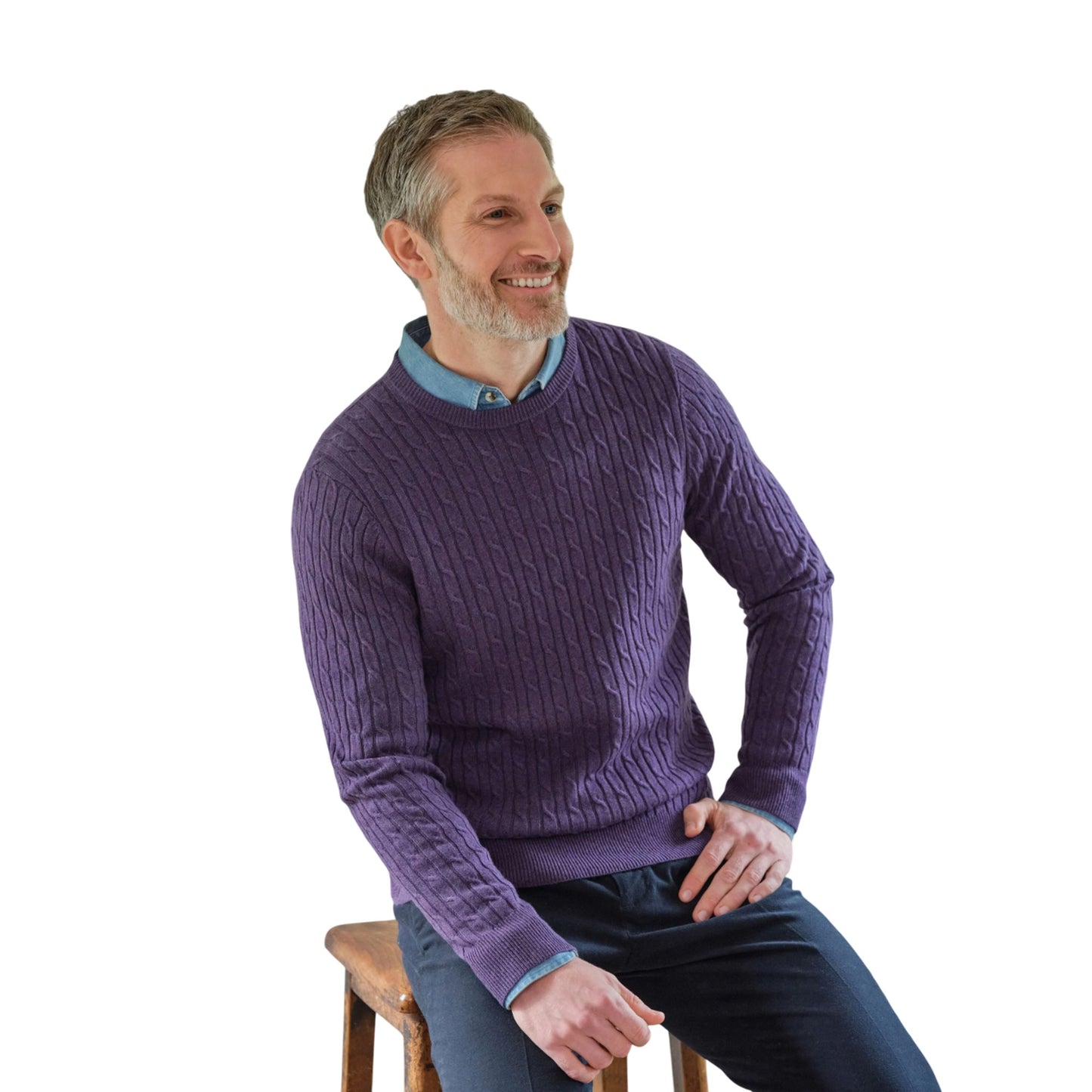 Purple - Front - WoolOvers Mens Cable Knit Cashmere Merino Crew Neck Jumper