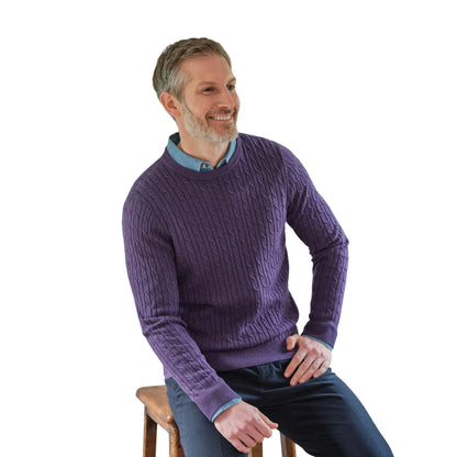 Purple - Front - WoolOvers Mens Cable Knit Cashmere Merino Crew Neck Jumper