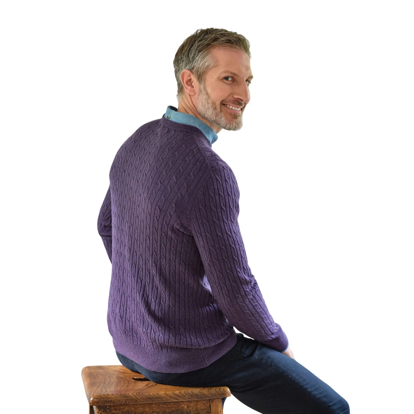 Purple - Back - WoolOvers Mens Cable Knit Cashmere Merino Crew Neck Jumper