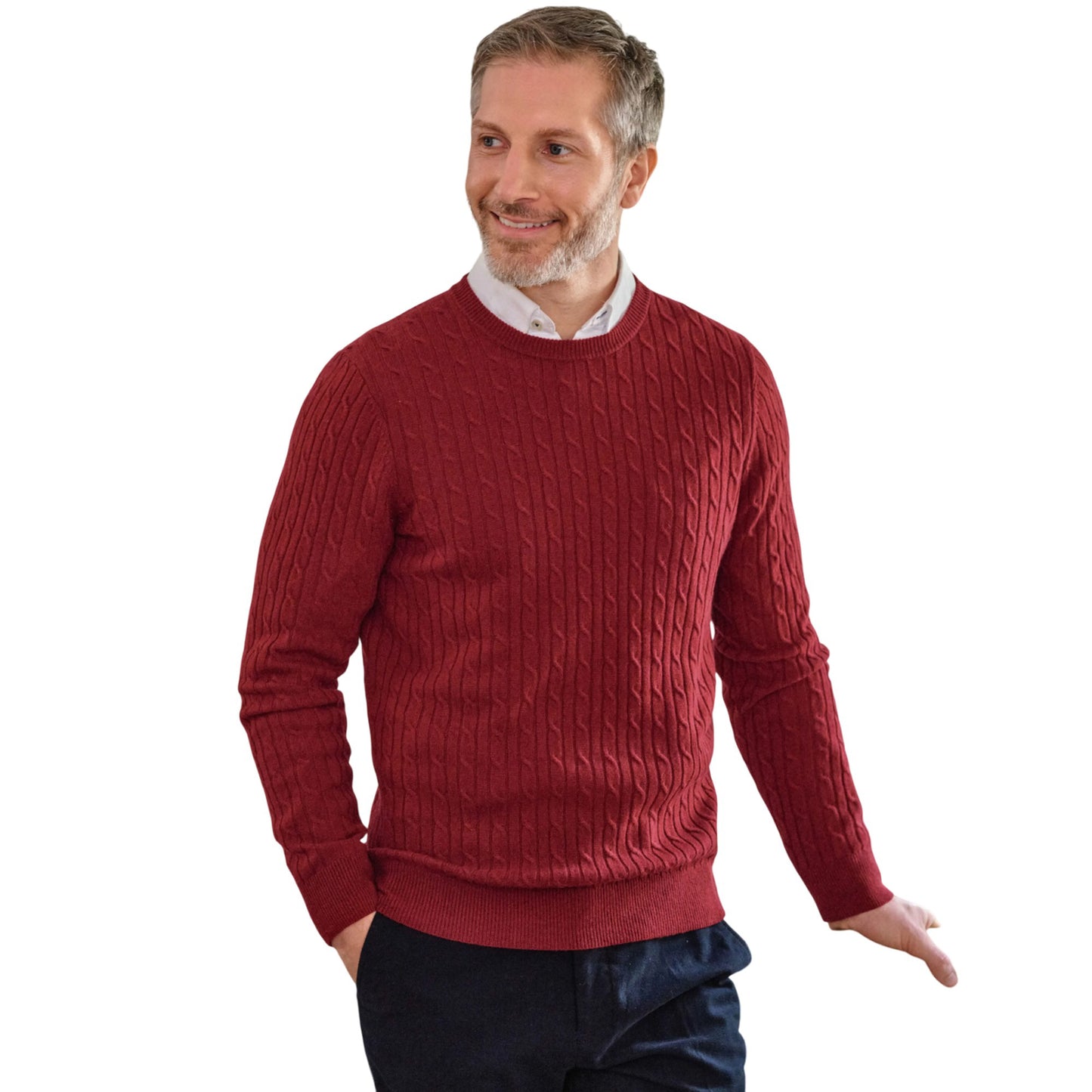 Windsor Wine - Front - WoolOvers Mens Cable Knit Cashmere Merino Crew Neck Jumper