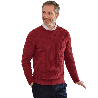 Windsor Wine - Front - WoolOvers Mens Cable Knit Cashmere Merino Crew Neck Jumper