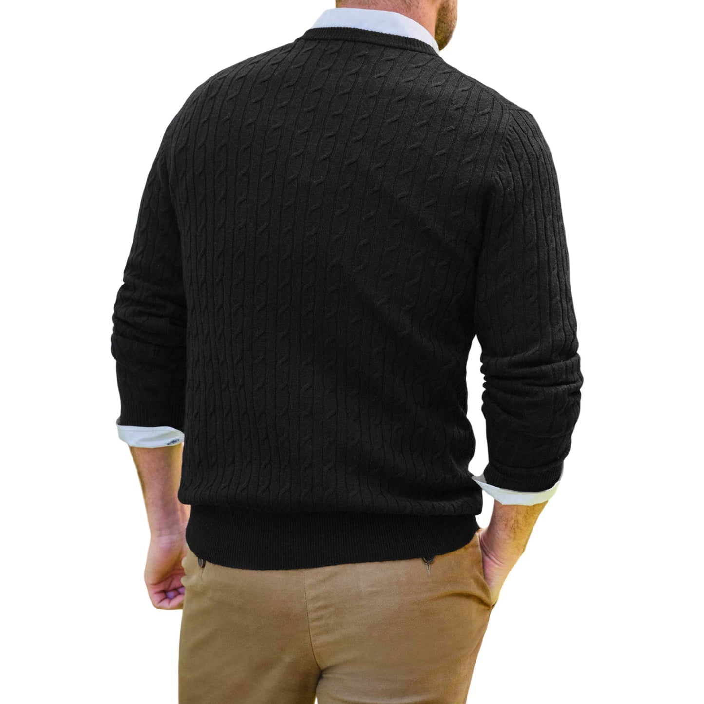 Black - Back - WoolOvers Mens Cable Knit Cashmere Merino Crew Neck Jumper