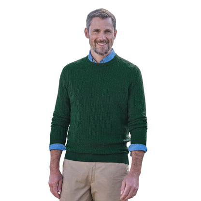 Dark Forest - Front - WoolOvers Mens Cable Knit Cashmere Merino Crew Neck Jumper