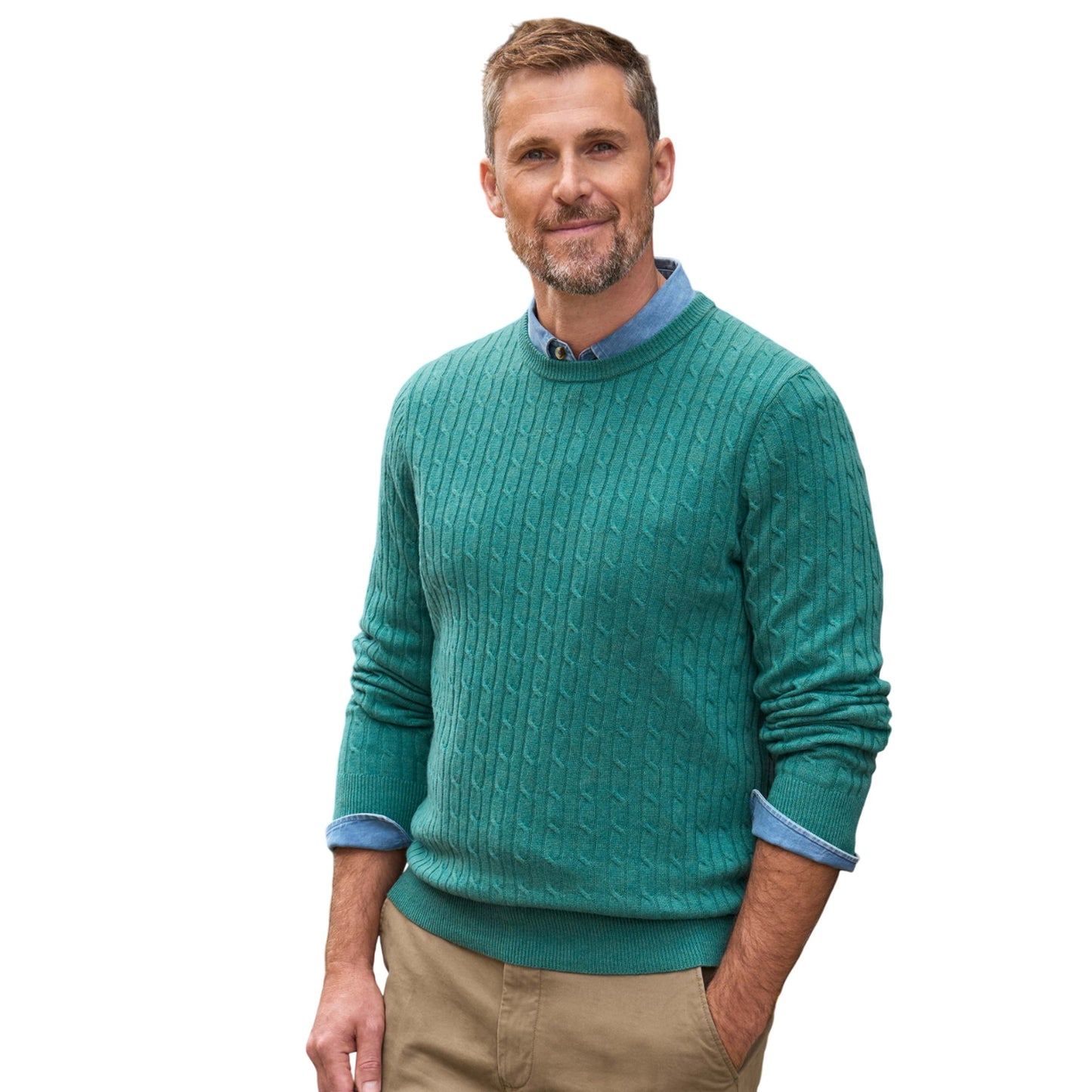 Dark Mint Marl - Front - WoolOvers Mens Cable Knit Cashmere Merino Crew Neck Jumper