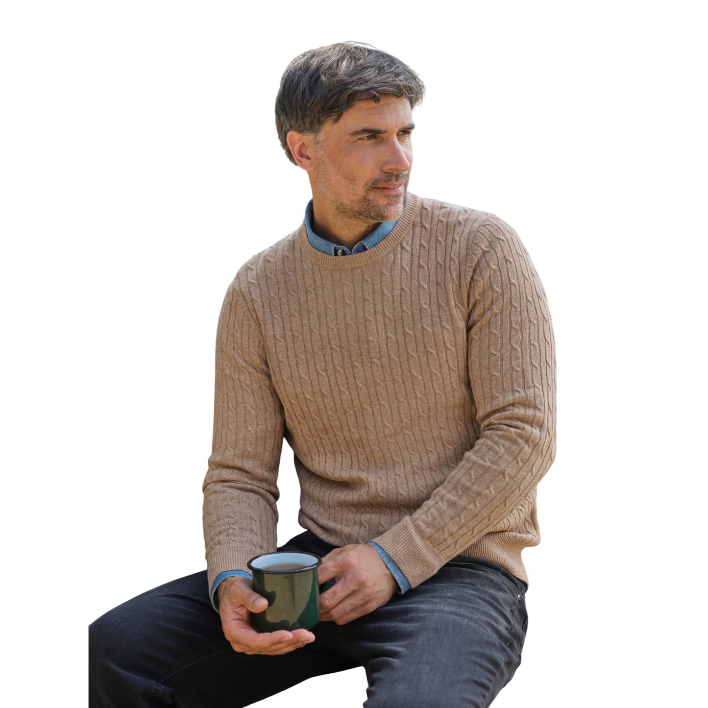 Flax - Front - WoolOvers Mens Cable Knit Cashmere Merino Crew Neck Jumper