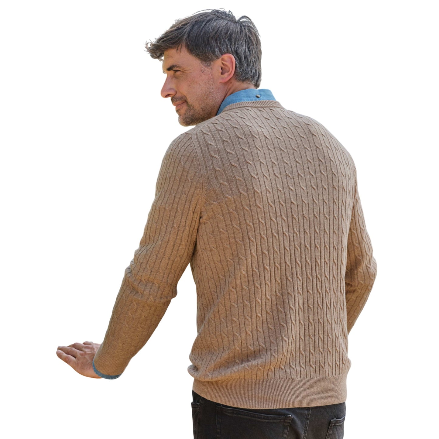 Flax - Back - WoolOvers Mens Cable Knit Cashmere Merino Crew Neck Jumper