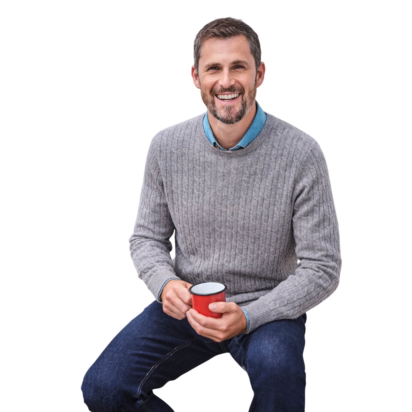 Grey Marl - Front - WoolOvers Mens Cable Knit Cashmere Merino Crew Neck Jumper