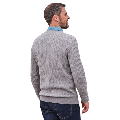 Grey Marl - Back - WoolOvers Mens Cable Knit Cashmere Merino Crew Neck Jumper