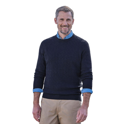 Navy - Front - WoolOvers Mens Cable Knit Cashmere Merino Crew Neck Jumper