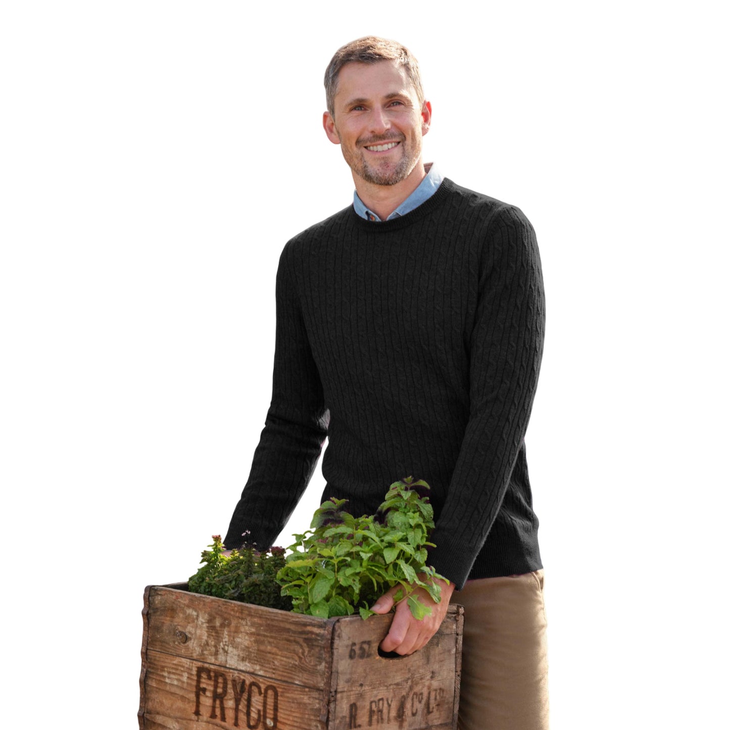 Black - Front - WoolOvers Mens Cable Knit Cashmere Merino Crew Neck Jumper