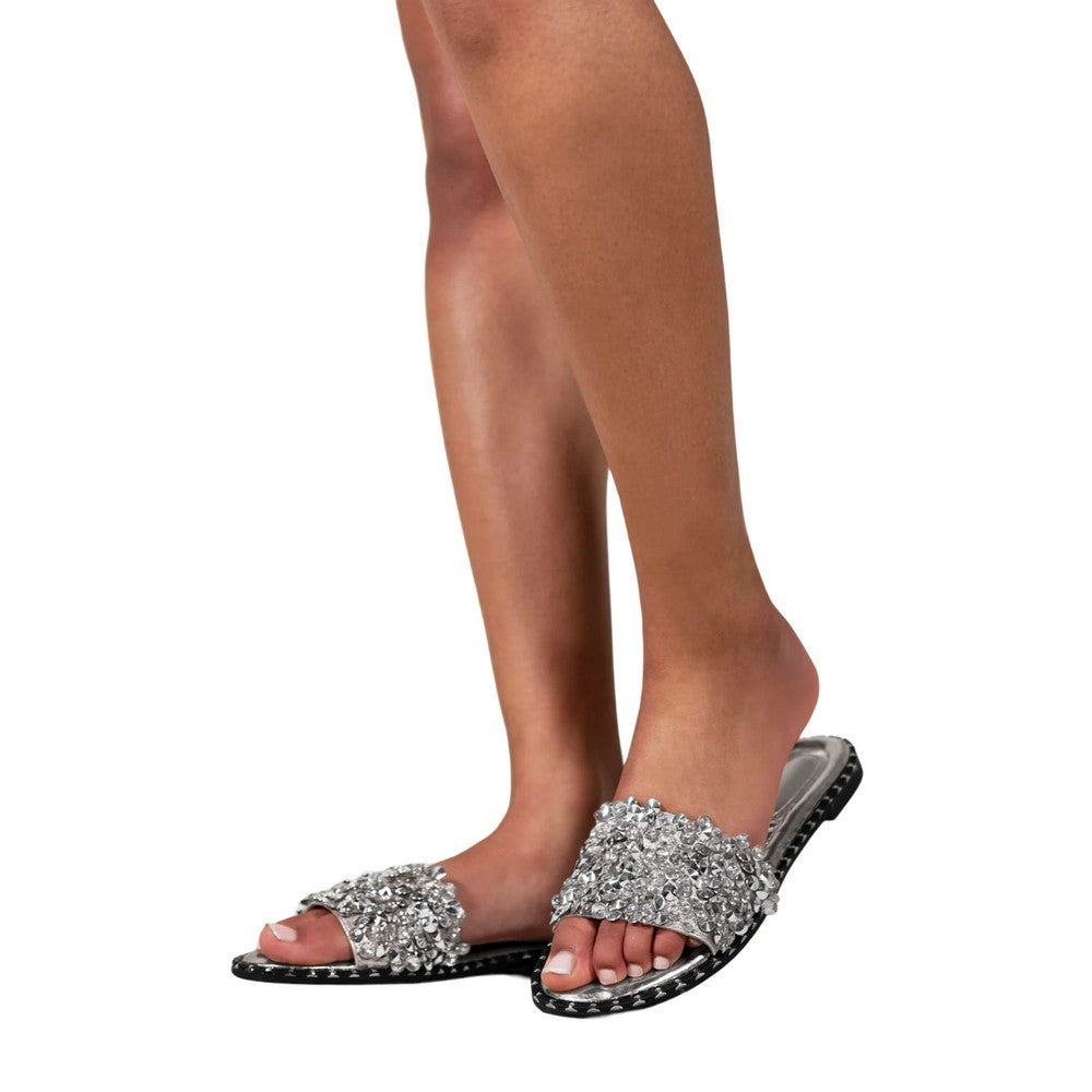 Silver - Front - Where´s That From Womens-Ladies Poppy Sparkle Diamante Wide Flat Sliders