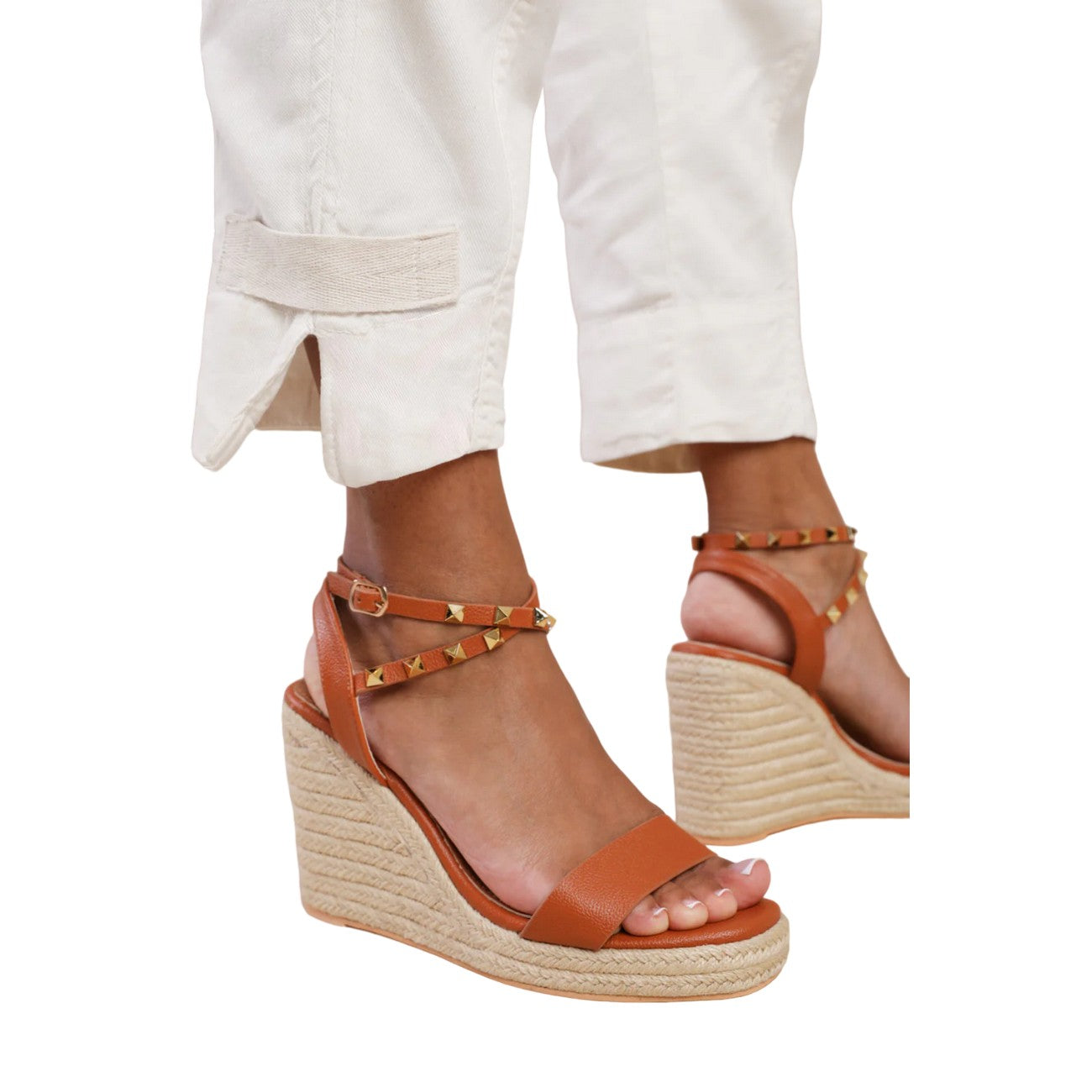 Tan - Side - Where´s That From Womens-Ladies Texas Studded PU Crossover Strap Wedge