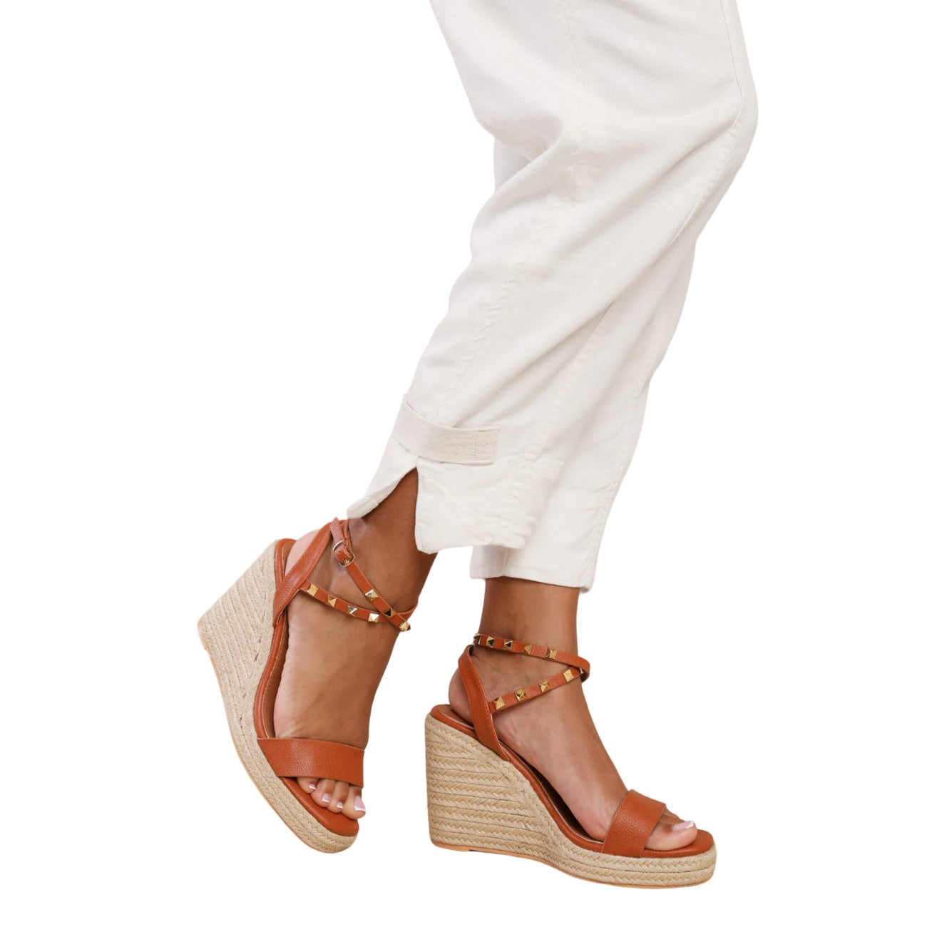 Tan - Lifestyle - Where´s That From Womens-Ladies Texas Studded PU Crossover Strap Wedge