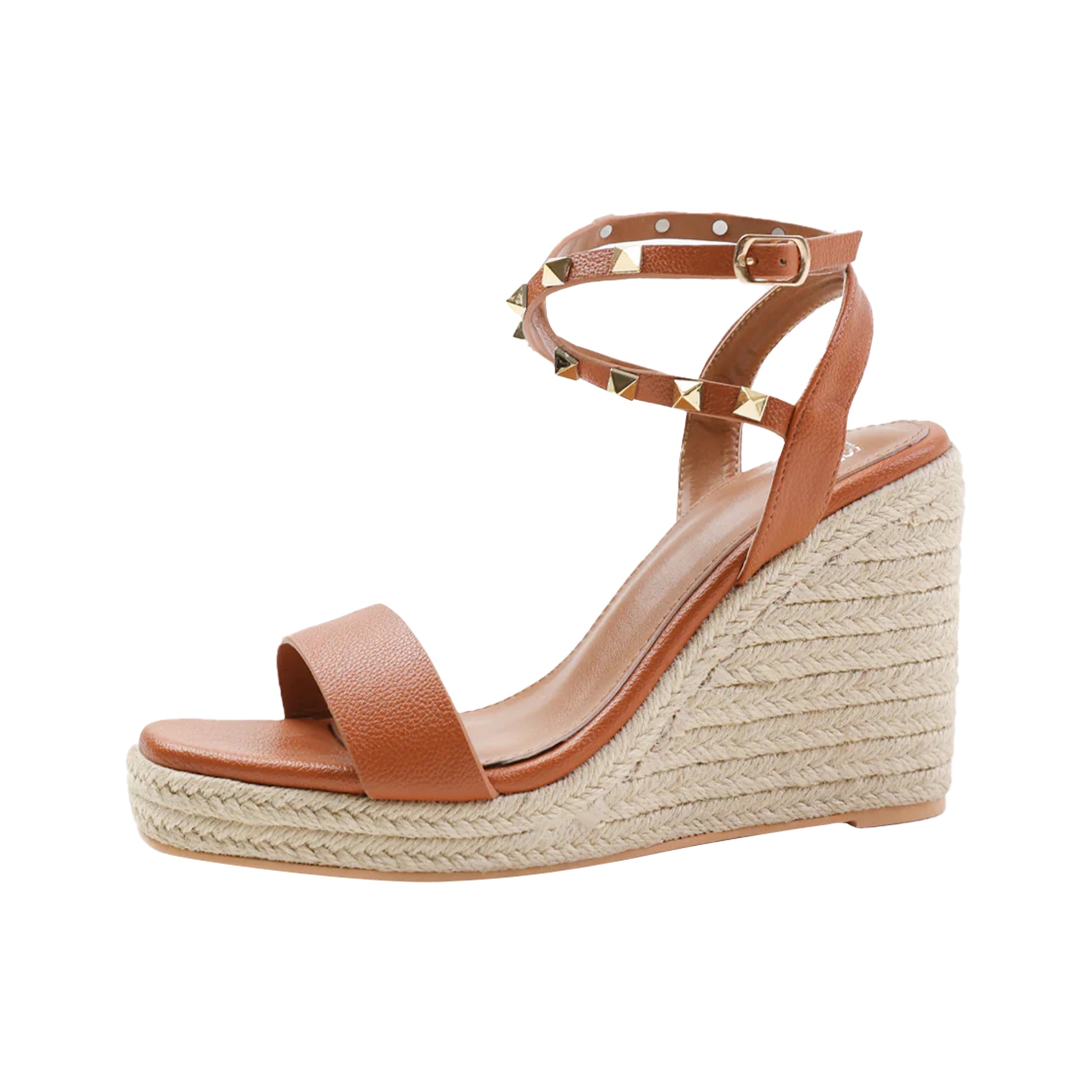 Tan - Back - Where´s That From Womens-Ladies Texas Studded PU Crossover Strap Wedge