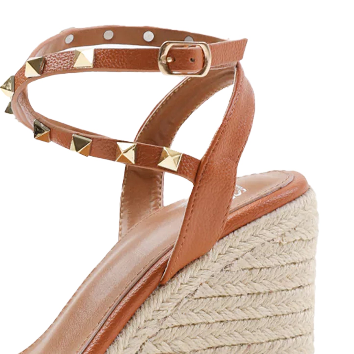 Tan - Pack Shot - Where´s That From Womens-Ladies Texas Studded PU Crossover Strap Wedge