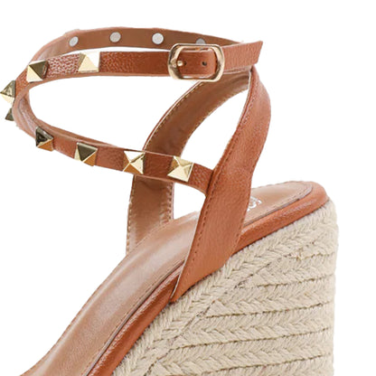 Tan - Pack Shot - Where´s That From Womens-Ladies Texas Studded PU Crossover Strap Wedge