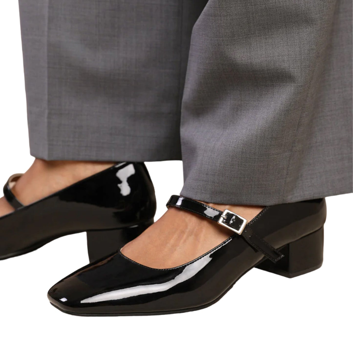 Black Patent - Pack Shot - Where´s That From Womens-Ladies Oslo Single Strap Square Toe Low Block Heel Court Shoes