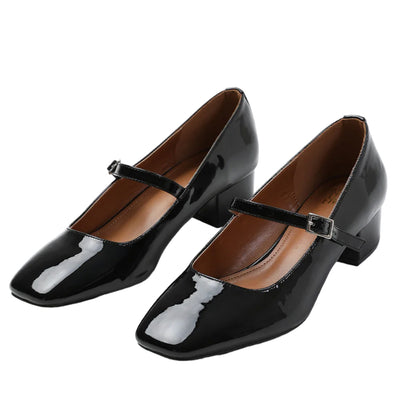 Black Patent - Side - Where´s That From Womens-Ladies Oslo Single Strap Square Toe Low Block Heel Court Shoes