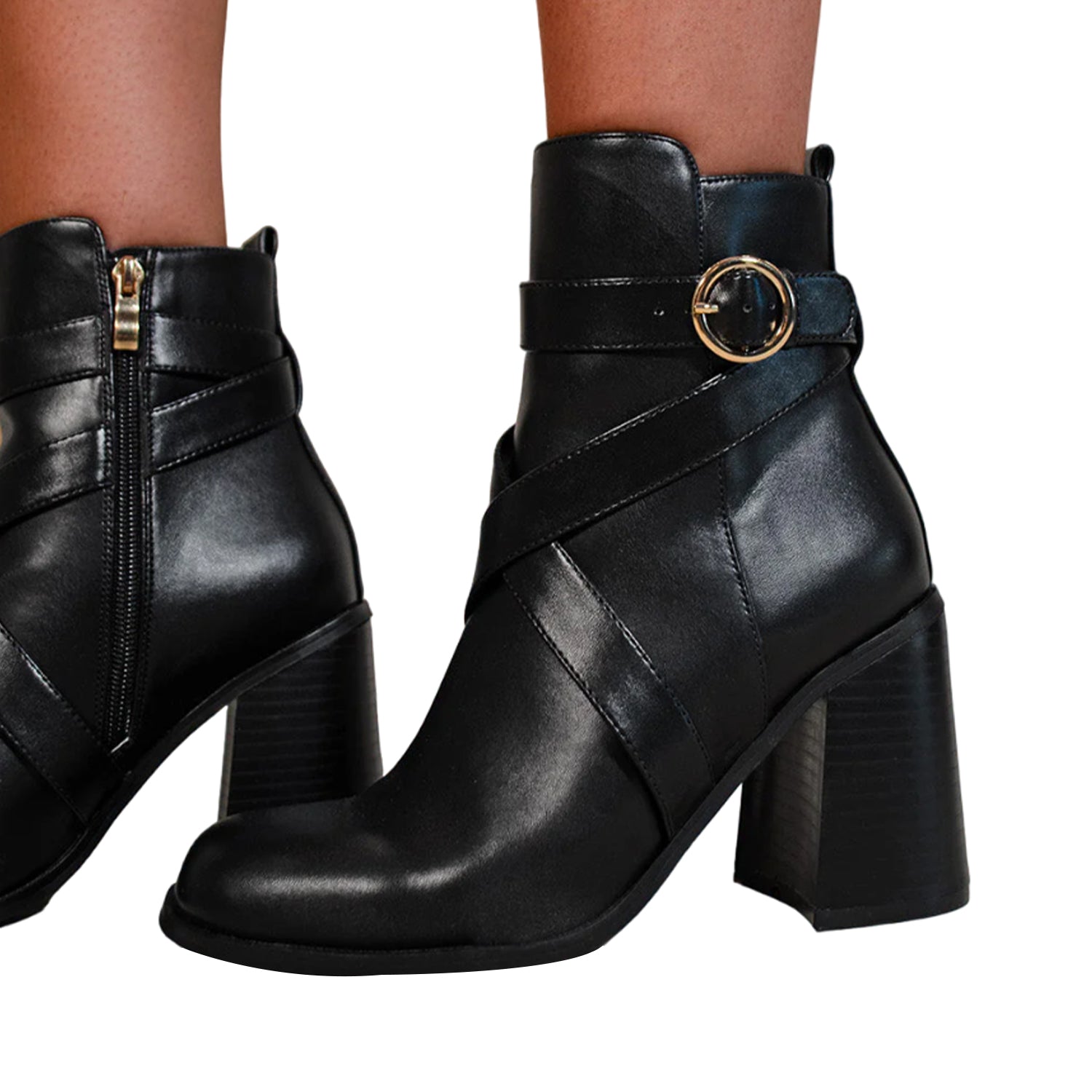 Black - Back - Where´s That From Womens-Ladies Aislinn PU Buckle Detail Block Heel Ankle Boots
