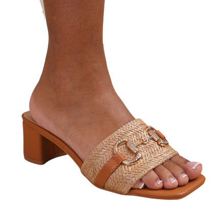 Tan - Front - Where´s That From Womens-Ladies Rhodes Buckle Detail Low Block Heel Mules